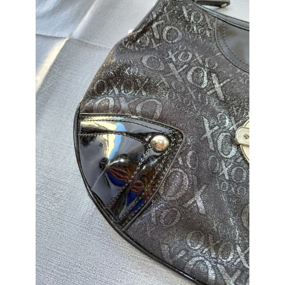 XOXO Hobo Shoulder Bag Black Silver Monogram Faux Patent Leather Biker Goth